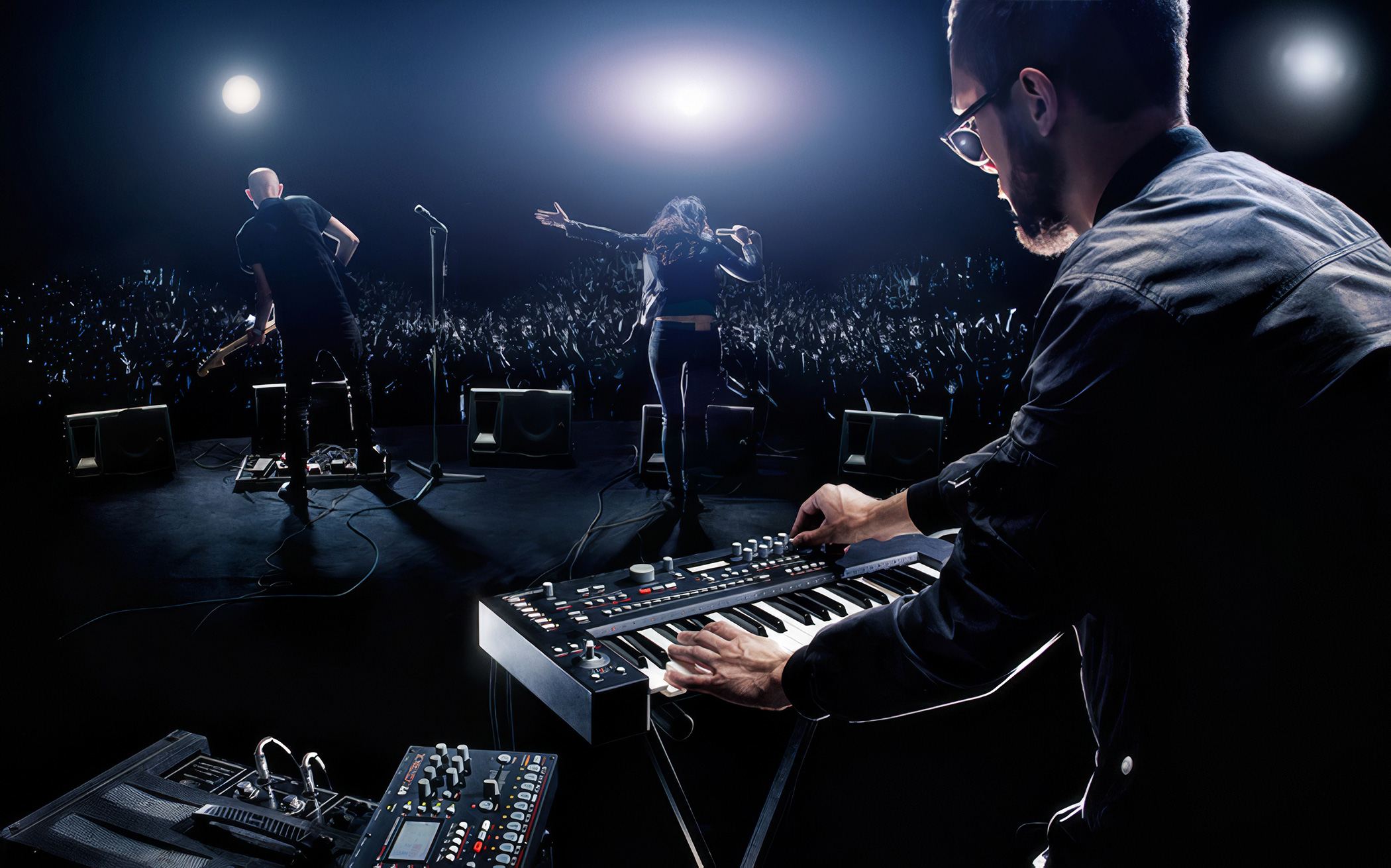 A stage and band members. The picture is taken from behind the stage, giving a view of the band members performing and the audience in front of them. A keyboard player stands in the foreground, playing his instrument; his face is obscured by a gray rectangle. Two more band members are visible; one is standing at the microphone stand, and the other has their arms stretched out towards the audience. The audience consists of many people, their silhouettes clearly visible against the light from the stage illumination.